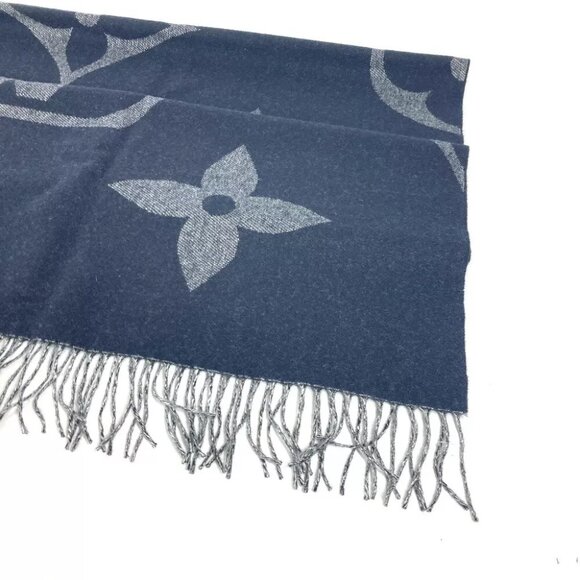 LOUIS VUITTON Monogram Muffler Monogram Giant fringe Scarf Cashmere Navy - Picture 3 of 8